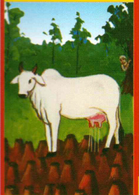 Cow pouring milk into the snake's burrow
